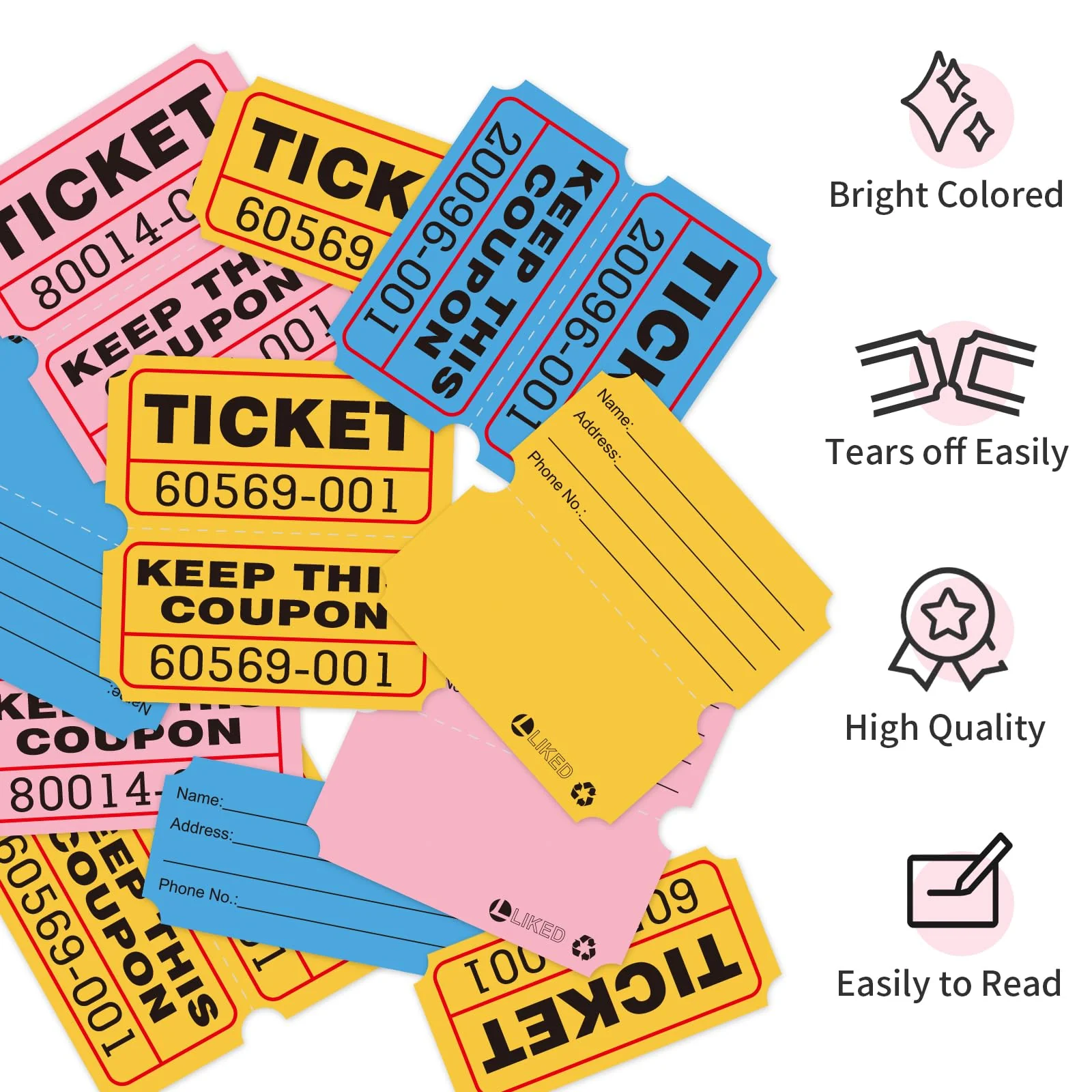L LIKED 1000 Per Roll 2" x 2" Raffle Tickets with Perforations and Consecutive Numbers for Events,Entry,Class Reward,Fundraiser & Prizes-3 Rolls - Image 4