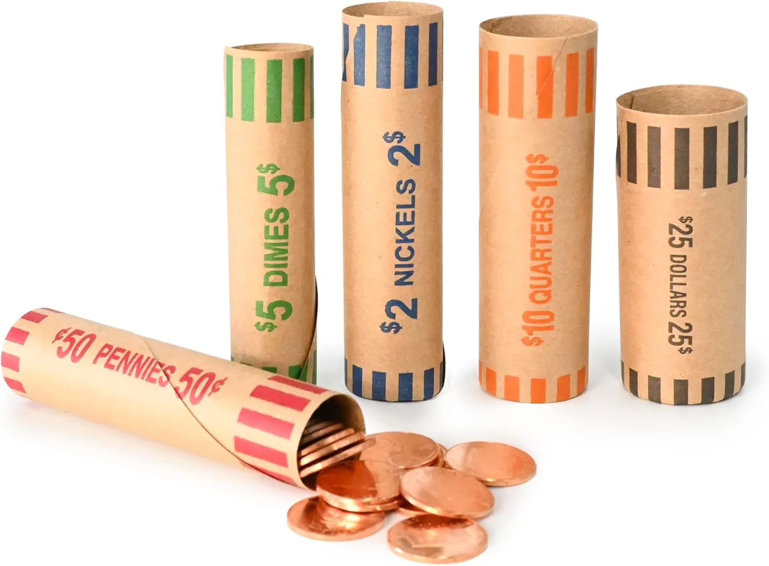 L LIKED 105 Assorted Preformed Coin Wrappers 21 Quarters, 21 Pennies, 21 Nickels 21 Dimes and 21 Dollars (105 pcs) - Image 3