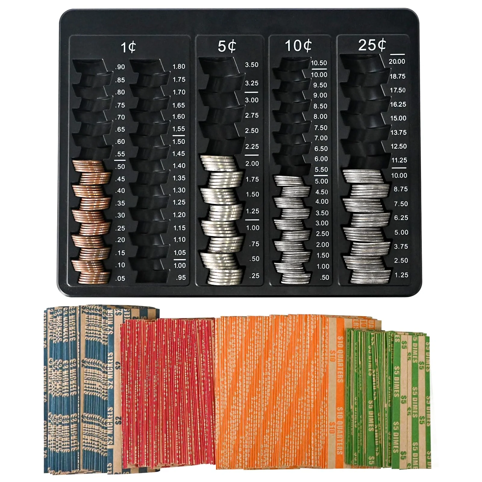 L LIKED 1PCS Black Coin Counter Tray -Change Counter Coin Counting and Sorting Tray with 150 Assort Coin Wrappers Included-5 Compartments Slots for Organization Pennies, Nickels, Dimes, and Quarters