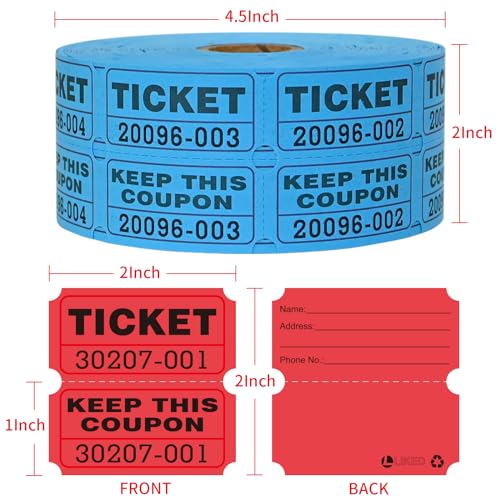 L LIKED 2000 Raffle Tickets Double Rolls 50/50 Stub Tickets with Consecutive Numbers 1000 Pairs per Roll,2 Rolls-Blue,Red - Image 6