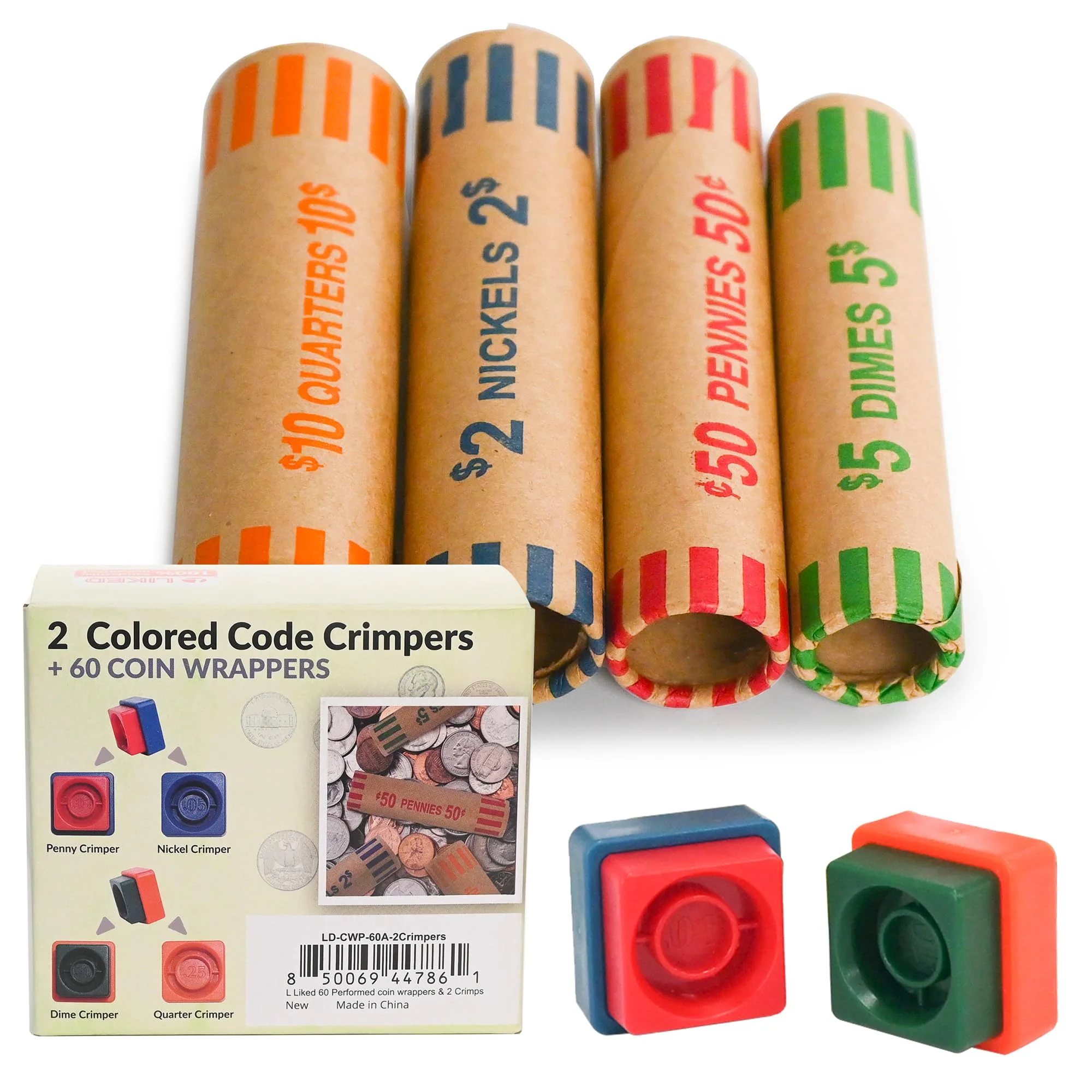 L LIKED 60 Assorted Coin Wrappers Preformed Tubes & 2 Crimping Wrapper Tools -(Quarters, Pennies, Nickels and Dimes)