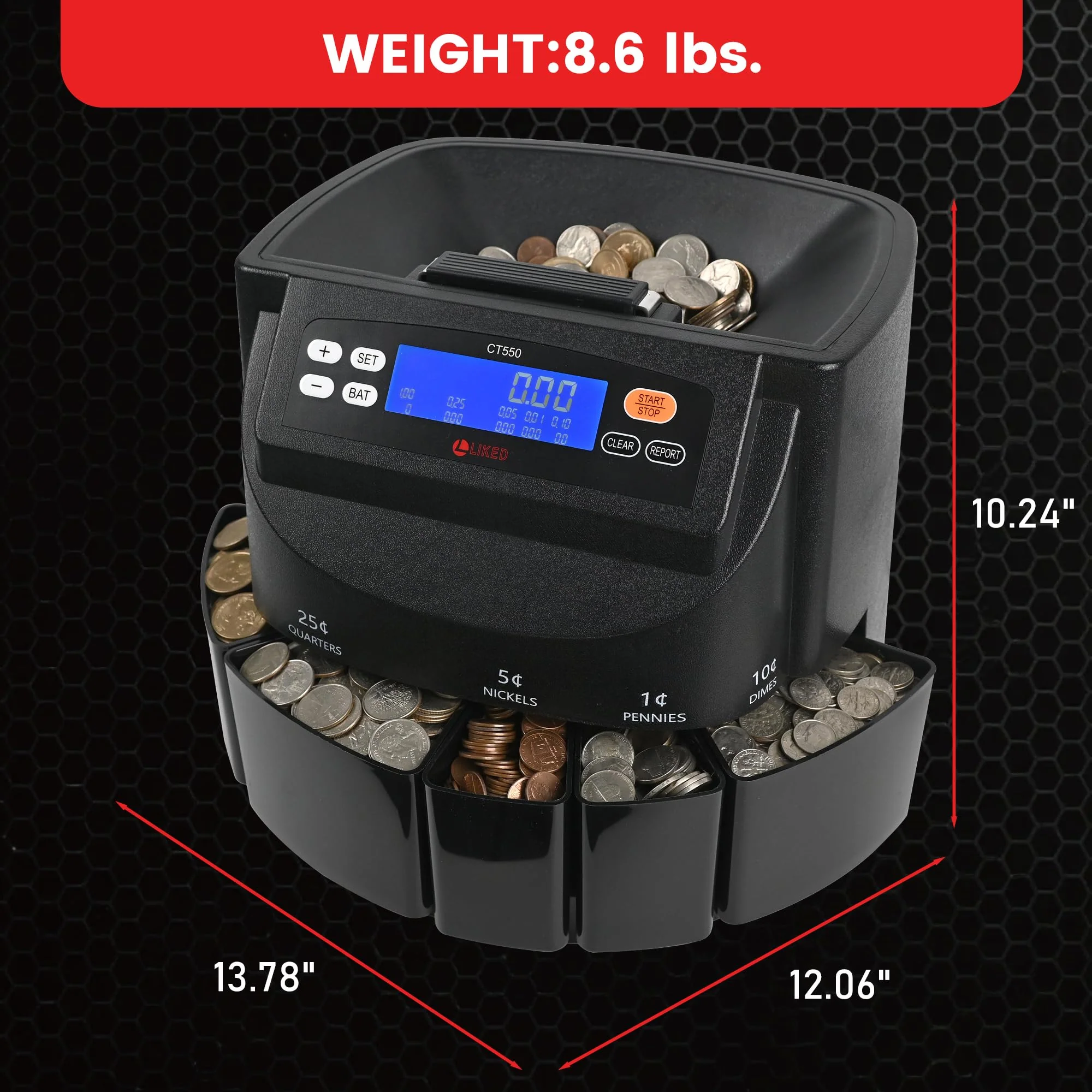 L LIKED CT550 USD Coin Sorter, Counter and Wrapper Machine Accurate sort for Nickels, Dimes, Quarters, Pennies, Dollars, Comes with 50 Performed Wrappers, 270 coins/min, LCD Display - Image 2