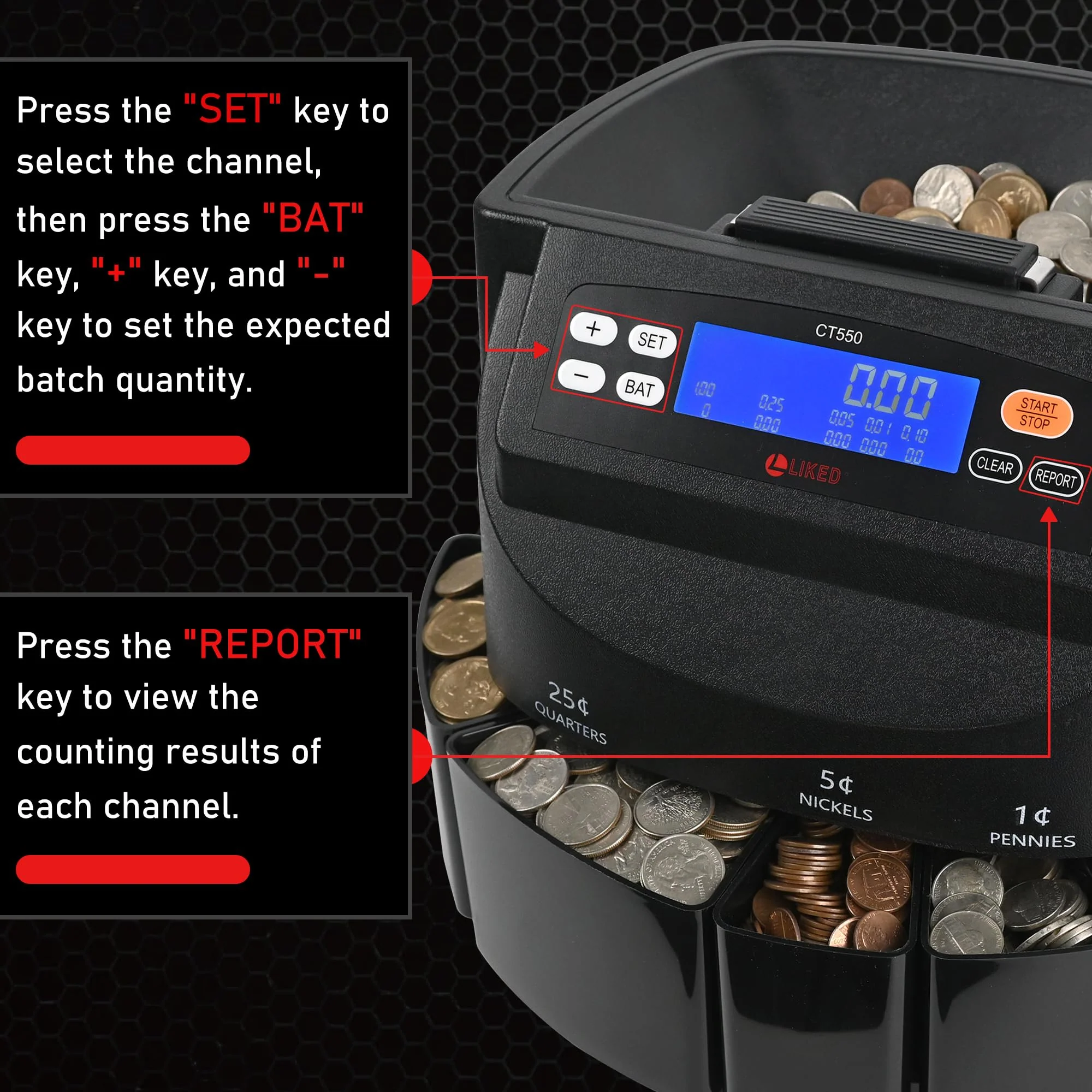 L LIKED CT550 USD Coin Sorter, Counter and Wrapper Machine Accurate sort for Nickels, Dimes, Quarters, Pennies, Dollars, Comes with 50 Performed Wrappers, 270 coins/min, LCD Display - Image 3